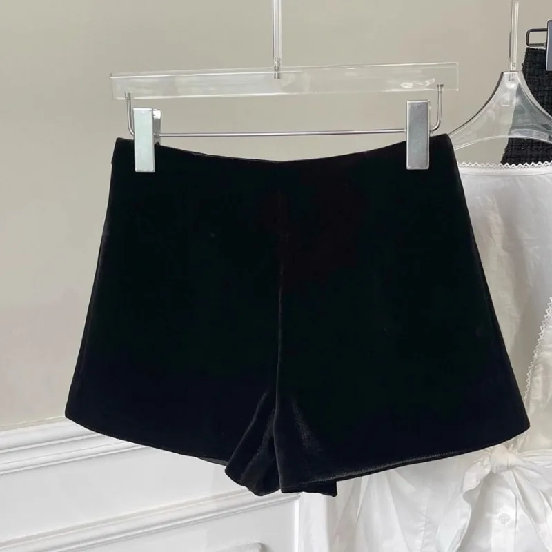 Pleuche noir jambe large Shorts femmes mince Sexy chaud hanche enveloppement tout-match automne hiver Empire Simple Chic élégant Style coréen Mujer