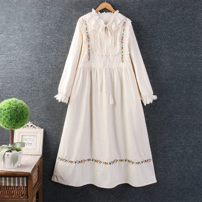 

Spring Sweet Mori Girl Floral Embroidered Dress Women Long Sleeve Ruffle Peter Pan Collar Casual Loose Midi Dresses