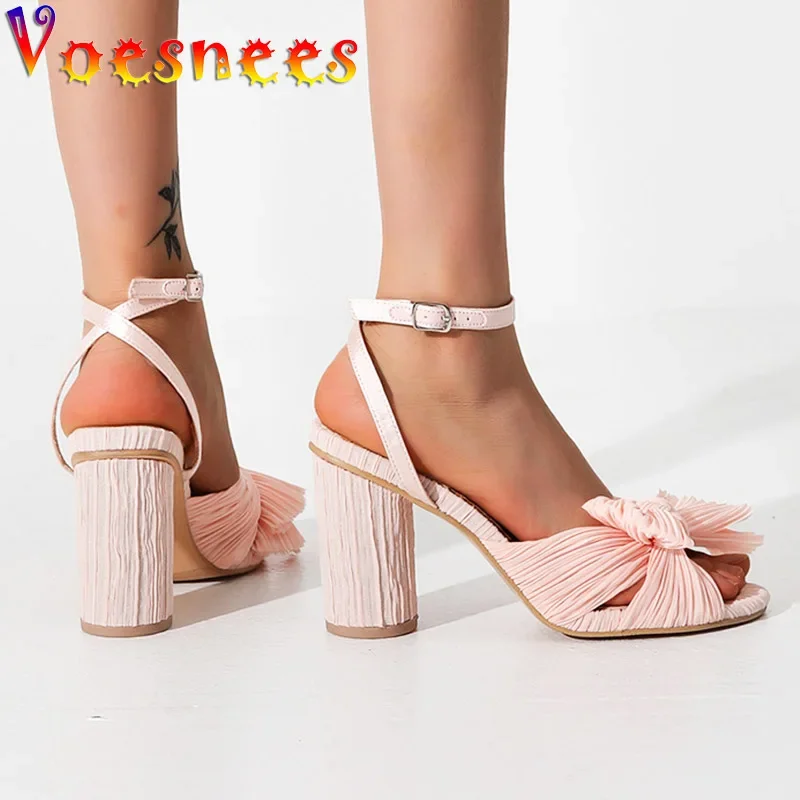 

Voesnees Summer Wedding Bridal Shoes Women Ribbon Bow Round Heel Sandals Pink Sweet Princess High Heels 8CM Party Dresses Pumps