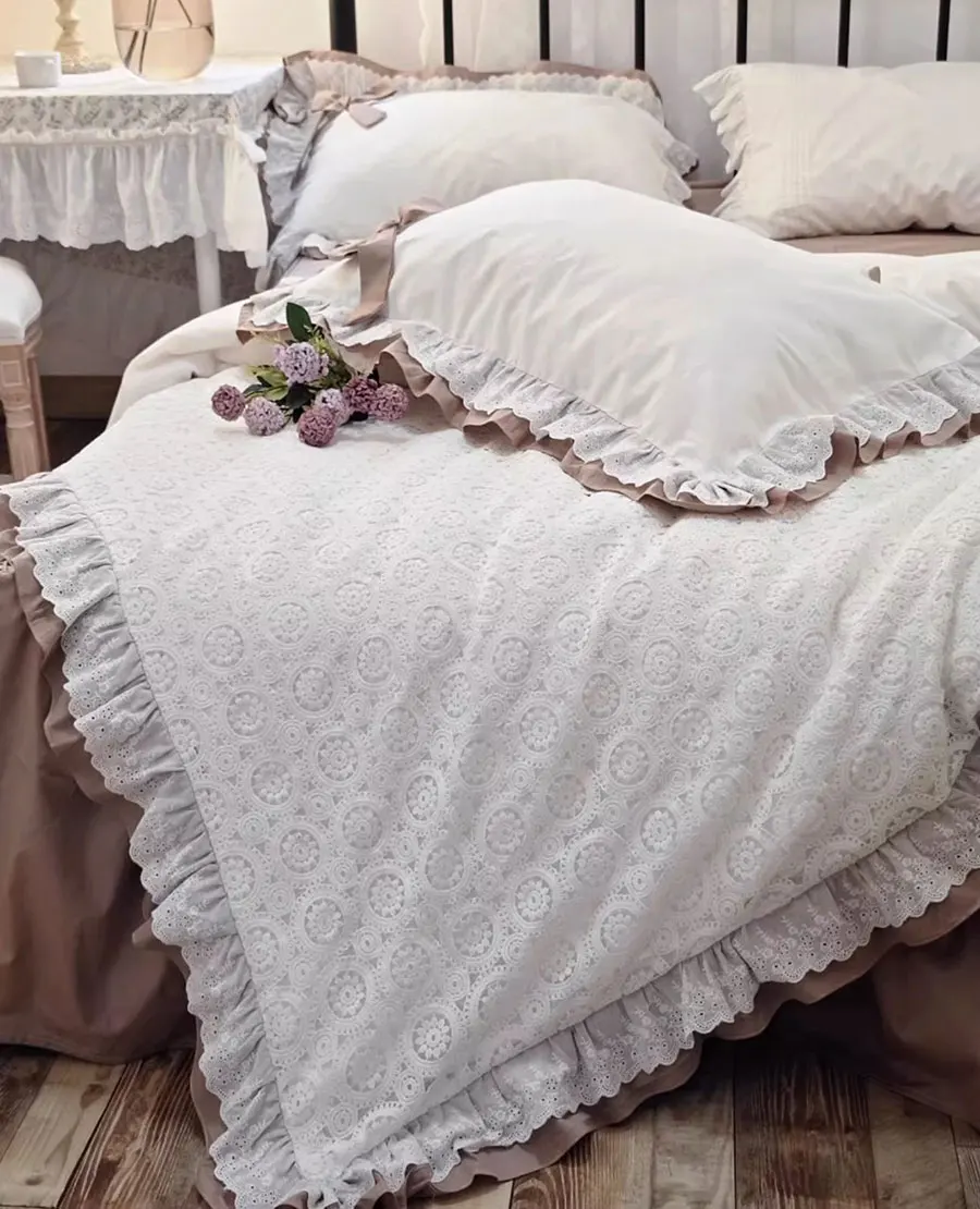 French luxury princess brown bed set,full queen king vintage ruffled lace cotton home textile bedspread pillow case duvet cover