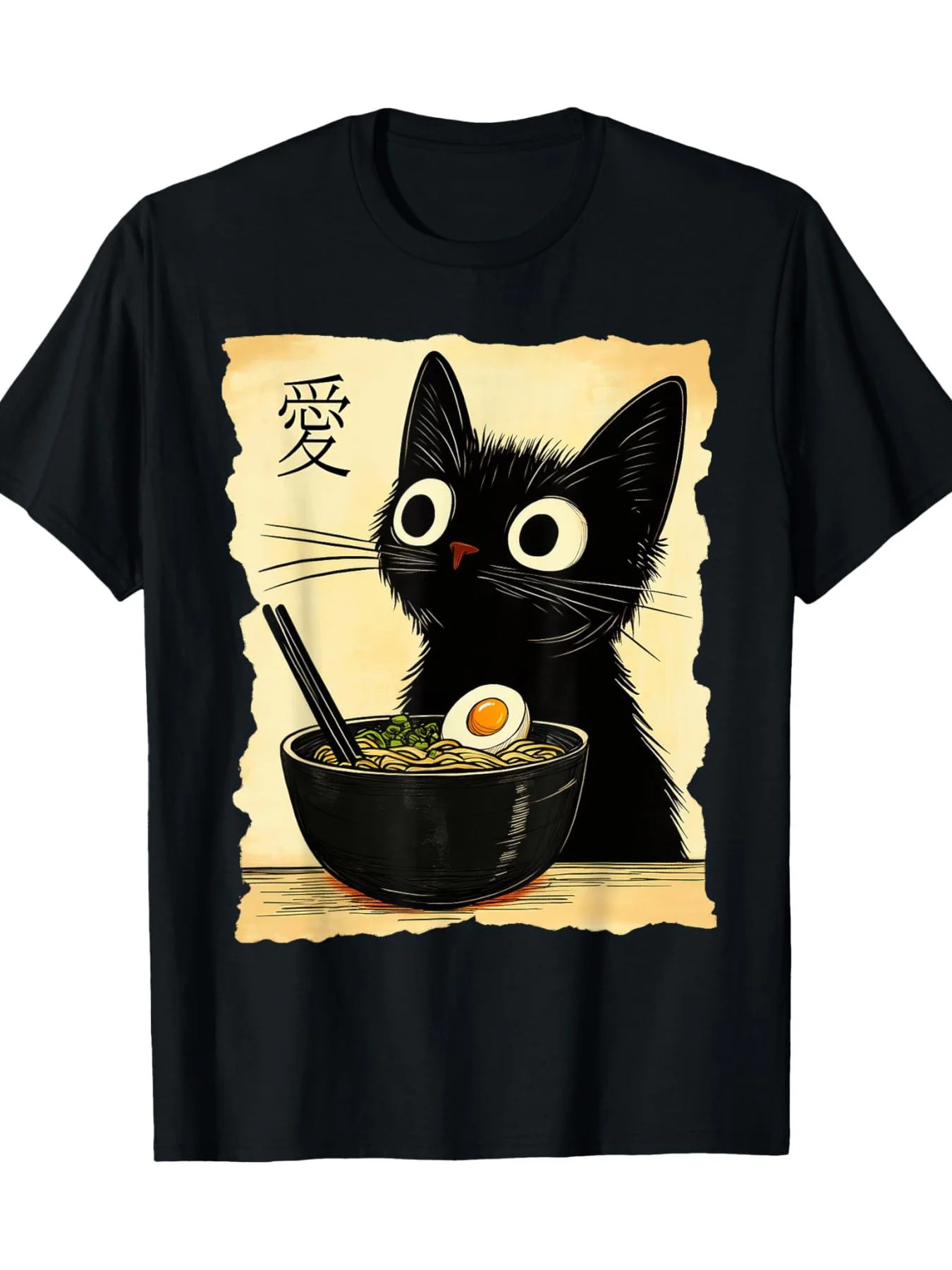 Men Anime Cat Eating Ramen T-Shirt Kawaii Japanese Funny Graphic Tee - Black Shirt with Chopsticks Bowl Design Men Clothing