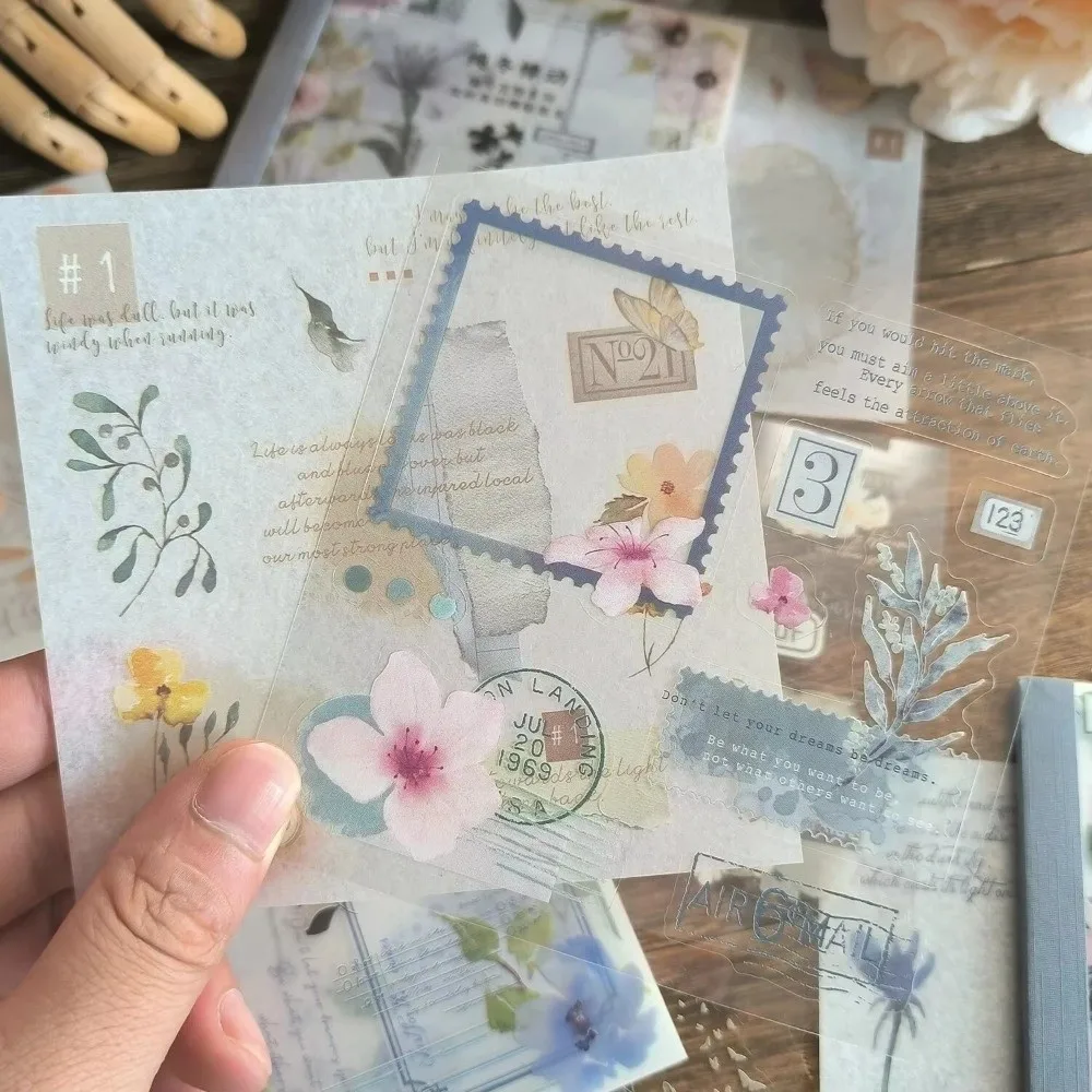 

20pcs/book Four Seasons Theme Floral Sticker Book Light Retro Backing Decal Cutting Scrapbook INS Style DIY Craft