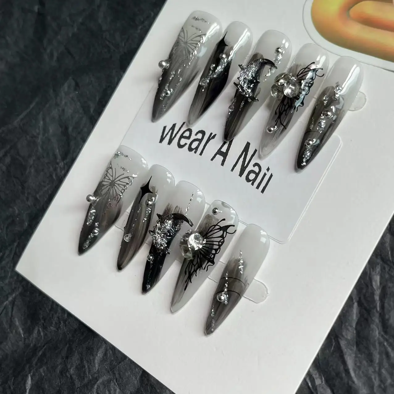 Handmade Punk Dark Long Stiletto Press on Nails Wearable Artificial With Art Designs Full Cover Manicuree  Rhinestone False Tips