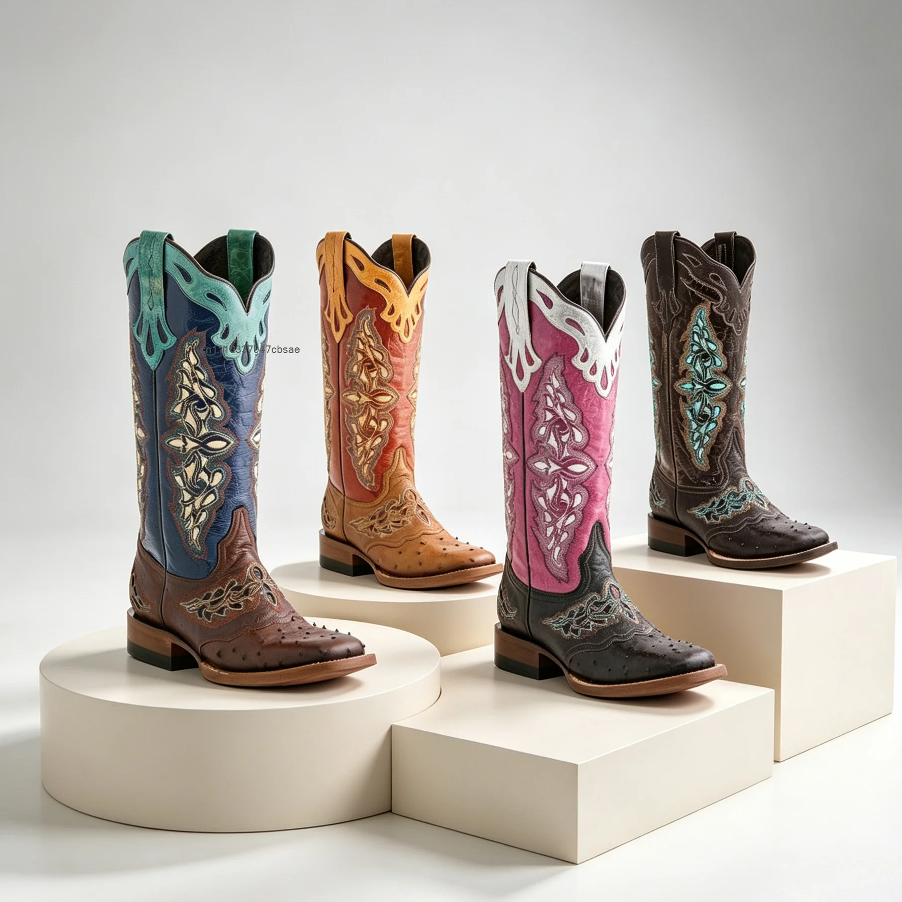 Image of Damen-Stiefel mit eckiger Spitze, dickem Absatz, buntem Muster, mittelalterlich bestickt, farblich abgesetzt, niedrige Absätze, hohe Schuhe