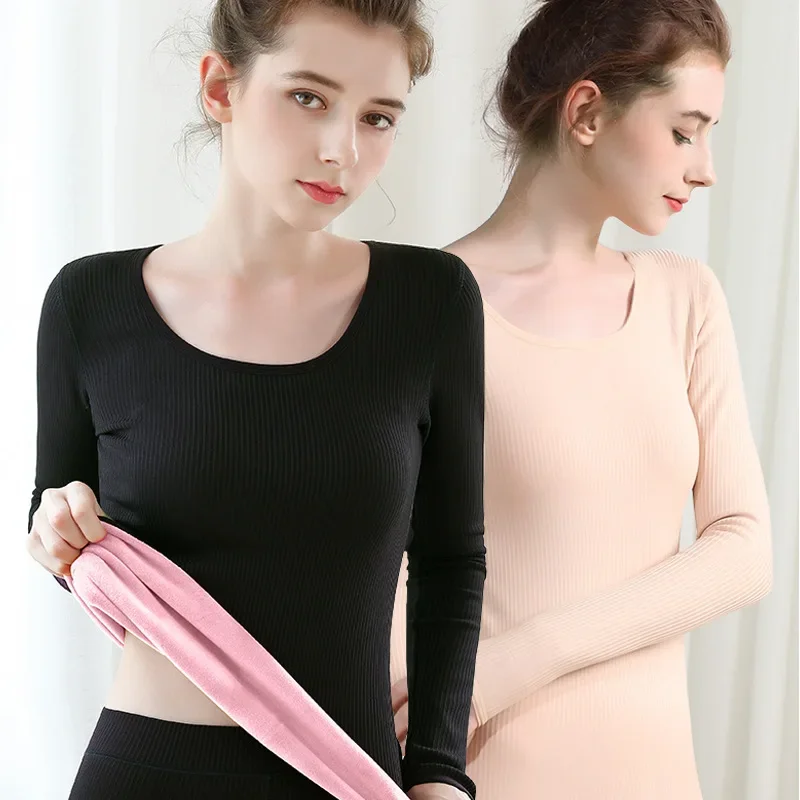 

Women Thermal Underwear Top Women Solid Warm Seamless High Quality Slim Warm Simple Heating Velvet Basic Stripe Bottoming Top