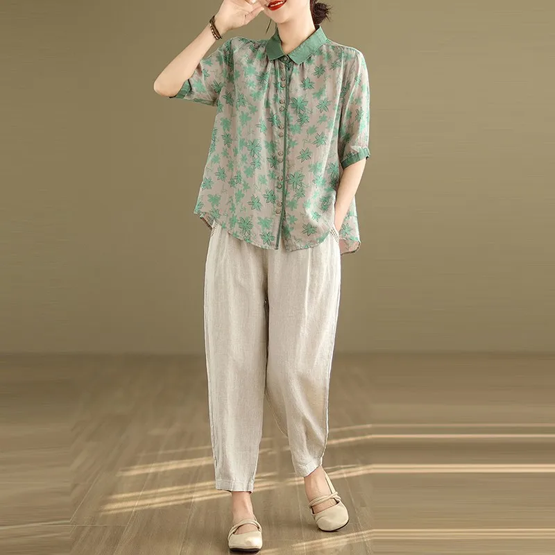 Women Summer Casual Shirt And Harem Pants New Arrival 2024 Vintage Style Floral Print Loose Female Pant Suits 2 Piece Sets B3602