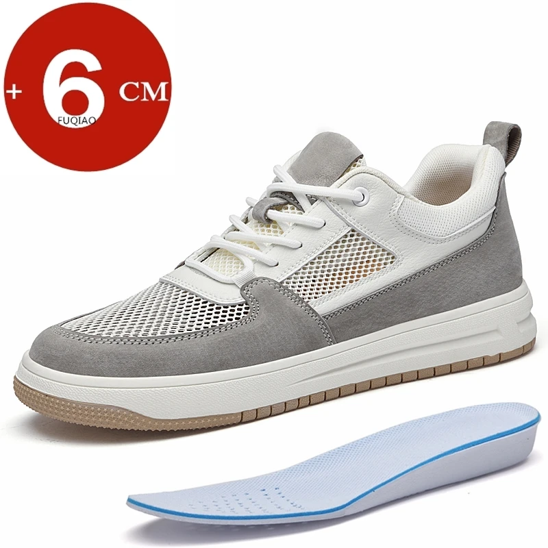 

Summer Men's 6CM Invisible Elevator Casual Shoes Hollow Mesh Pigskin Upper Breathable Comfortable Non-Slip Fashion Lift Sneakers
