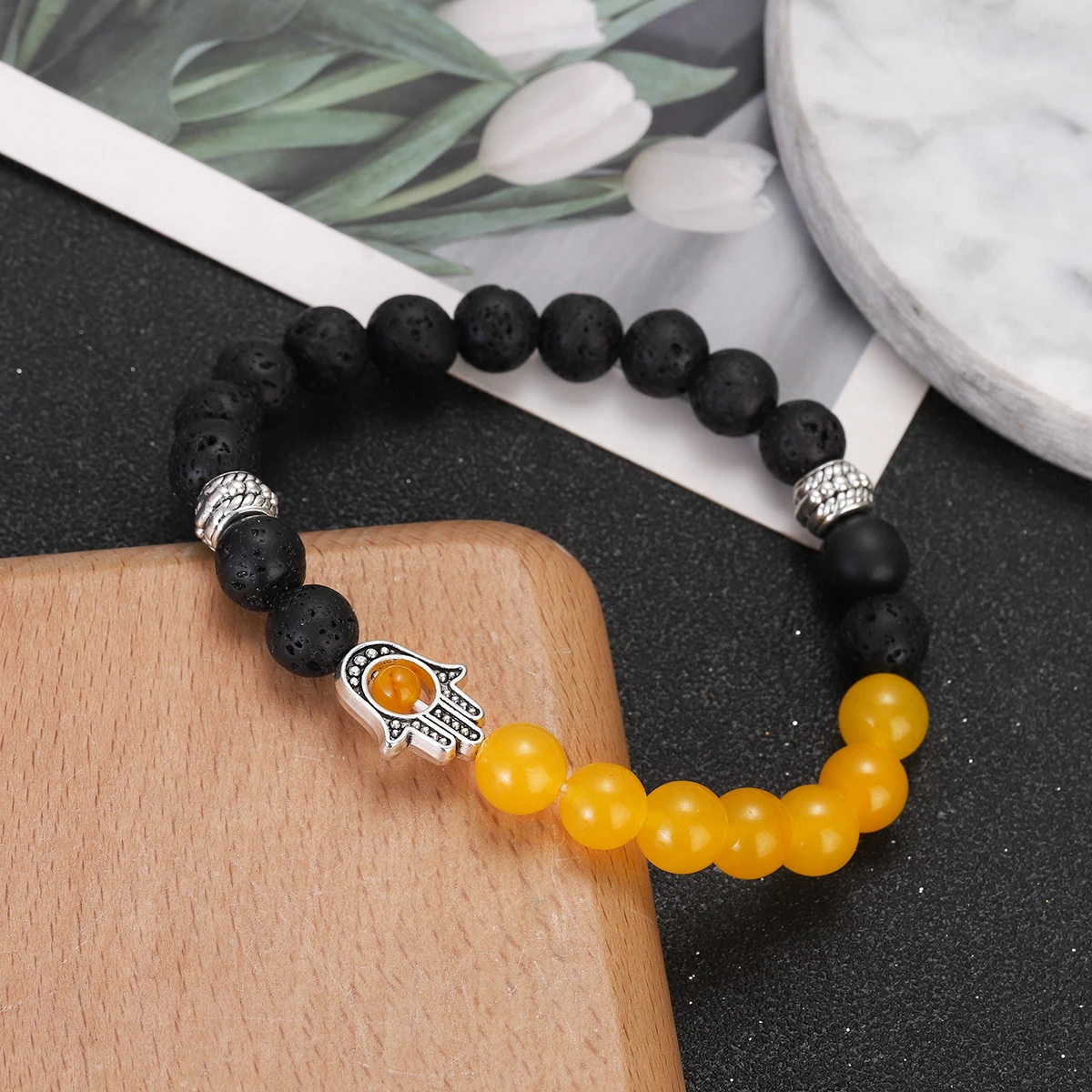 Natural Tiger Eye Lava Beads Chakra Bracelets for Men Women Lucky Turkish Evil Eye Hand Of Fatima Jewelry Bangles Gifts