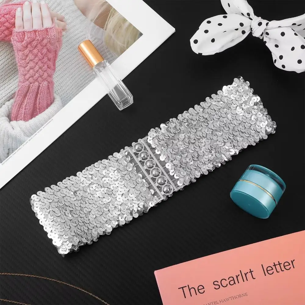 Sparkling Sequined Wide Corset Belt Wide Elastic Metal Buckle Sequin Elastic Cummerbunds Corset Belt Decorative