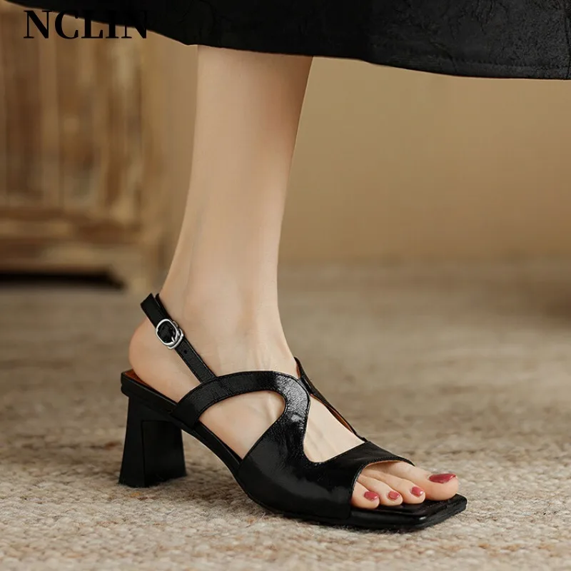 New Genuine Leather Women Sandals Chunky Heel Buckle Strap Platform Sandals Pumps For Women Summer Casual GLADIATOR Women Shoes