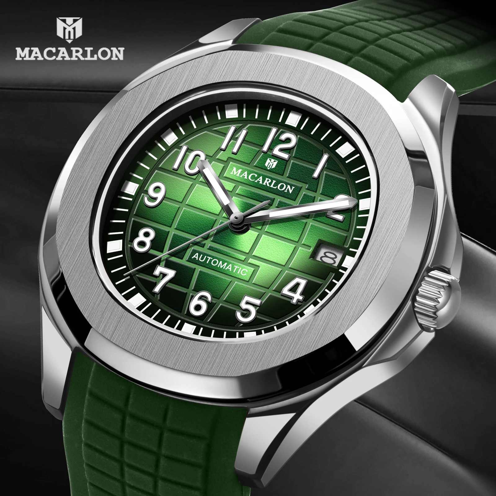 Montre mécanique de 42 mm de marque MACARLON, design nouveau, verre saphir, calendrier, luminescent, acier inoxydable, étanche, automatique, pour homme