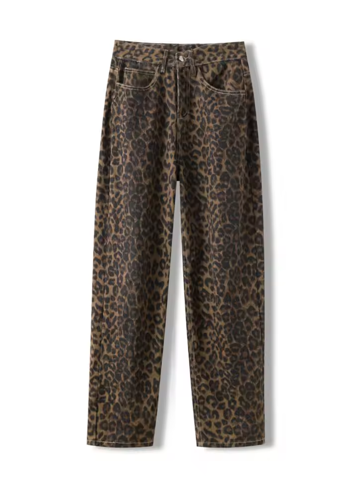 Calças de brim com estampa de leopardo para mulheres cintura alta y2k retro moda streetwear calças jeans hip hop em linha reta perna larga jeans baggy
