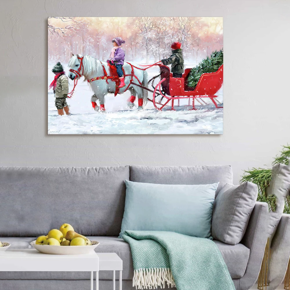 Framed Canvas Wall Art Decor Painting: White Horse with Sledge, Christmas Gift & Decor for Eve, Living Room, Bedroom.