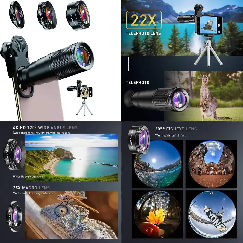

22X105-4IN1 Telescope Lens Kit with 22X Telescope Wide Angle Macro Fisheye and Tripod