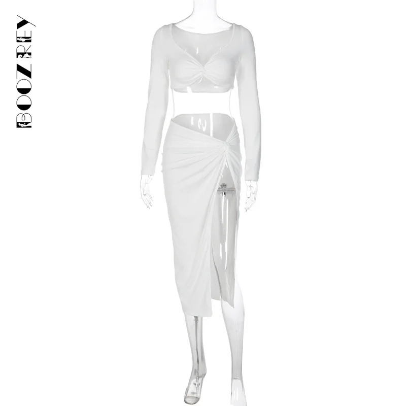 BoozRey White Long Sleeve Pleated Crop Top Skirt Set Party Evening For Women Autumn High Waist 2 Two Piece Split Skirt Set