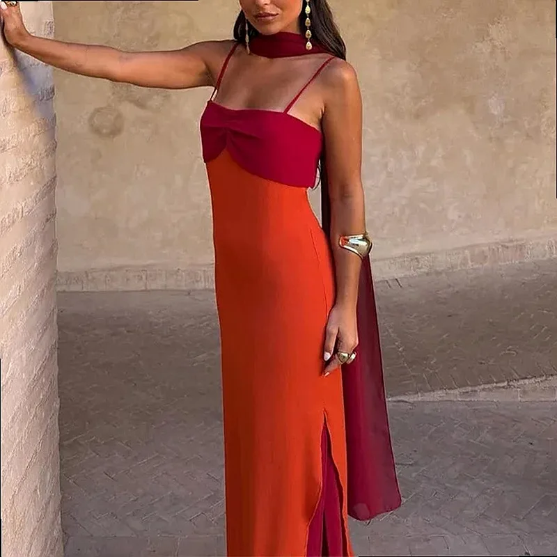 Fashion Women Summer Dresses Color Block Scarf Neck Slim Fit Bodycon Sling Dress