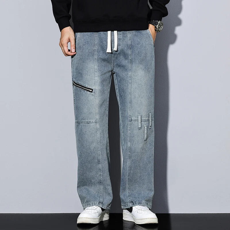 

Straight Baggy Jeans Streetwear Men's Side Leg Zipper Trim Denim Trousers Man Casual Loose Wide Leg Pants Fashion Clothing