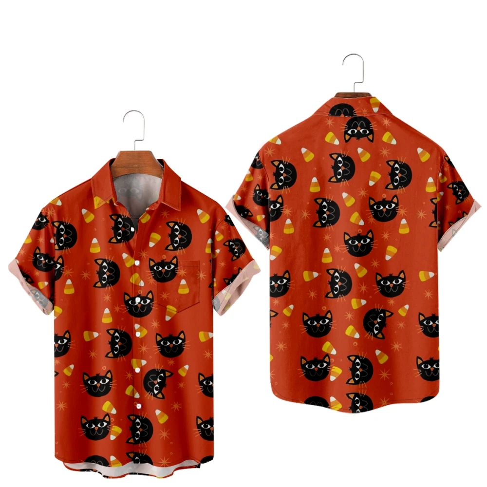 Casual Halloween Shirts for Men Bats Print Shirts Orange Short Sleeve Summer Beach Vacation Tops Breathable