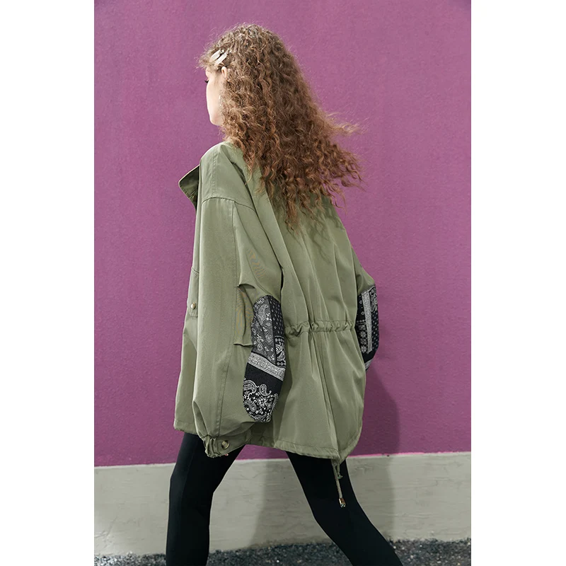 ELFSACK Women's Oversized Green Cargo Jacket with Paisley Bandana Patchwork, Drawstring Waist Windbreaker