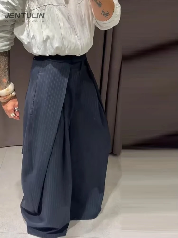 High Waist Pleated Straight Long Wide Leg Trousers Women Casual Striped Loose Pants Female 2026 Spring Fashionable Lady Bottoms