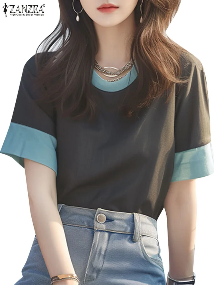 ZANZEA Casual Color Block Blouses Leisure Everyday Short Sleeve 2024 Summer Women T-shirts Korean Fashion O Neck Blusas Mujer