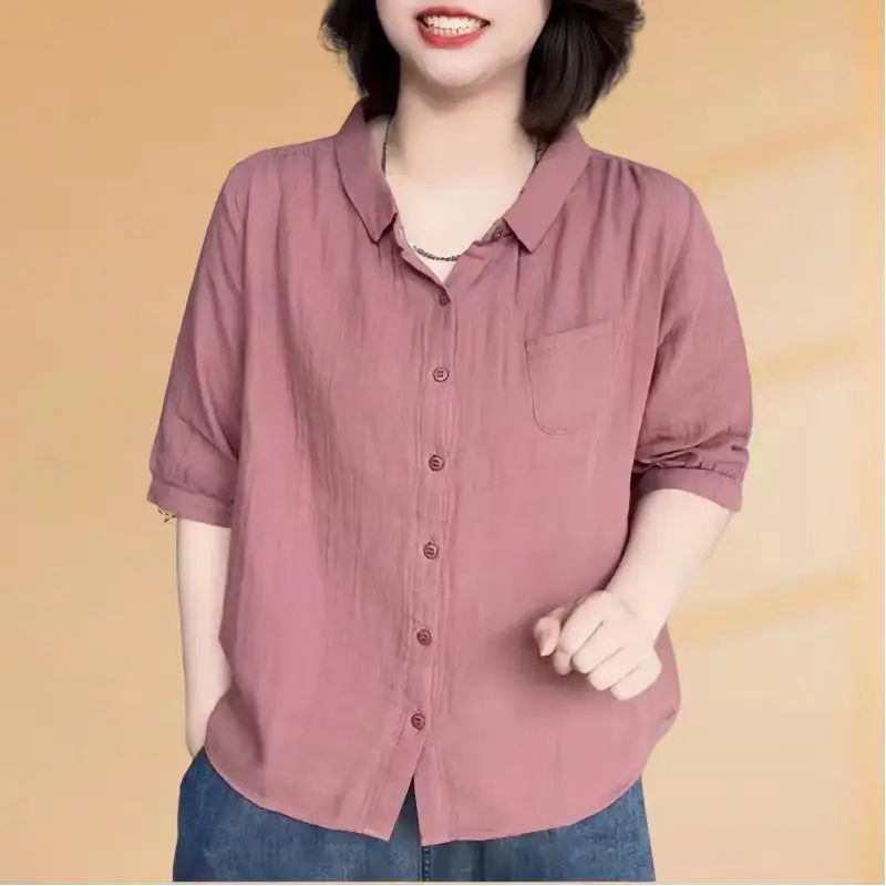 

Summer Anti-Aging Cotton Linen Short Sleeve Shirt Women's 2026 New Retro Collar Loose Slimming Linen Open Cardigan Top