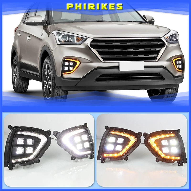 1Pair DRL For Hyundai Creta IX25 2017 2018 2019 2020 LED Daytime Running Light fog lamp Cover with yellow turning signal