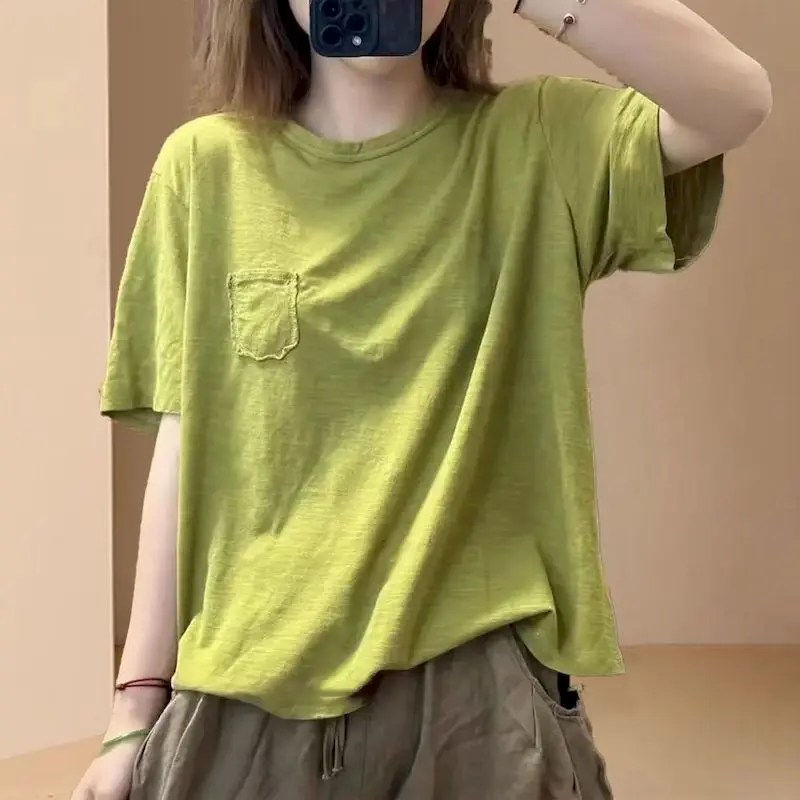 Cotton T-shirts for Women Casual Loose Short Sleeved Tshirt Summer Trend Breathable Bottom Top Thin Fashion Solid Color T Shirt
