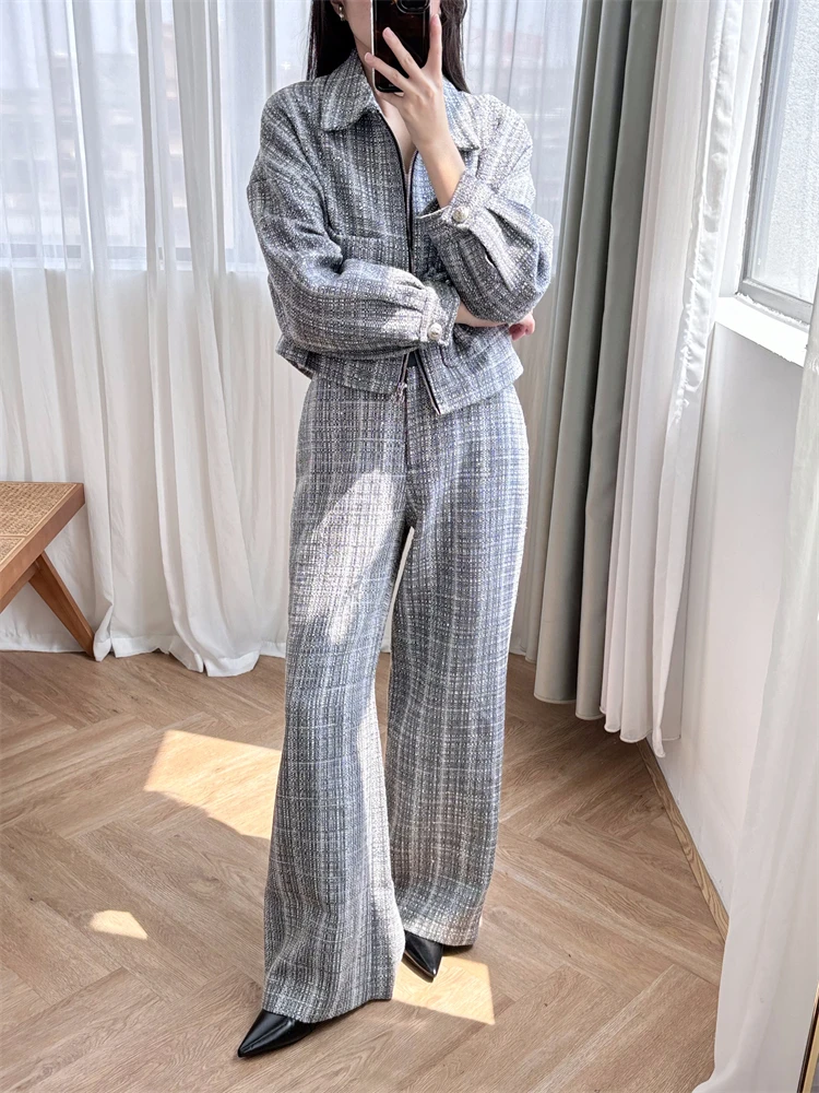 

Shiny plaid suit with zipper, short lapel, loose gray jacket+straight leg pants, elegant M home vacation two piece set