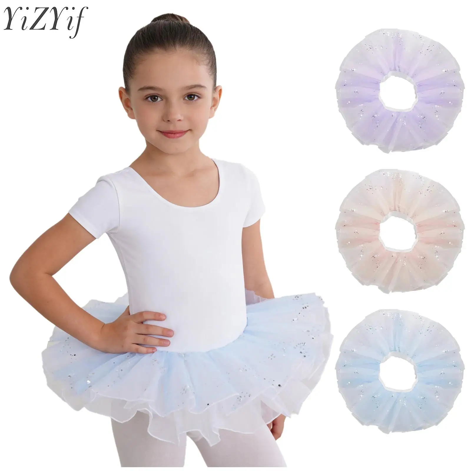 

Kids Girls Ballet Dance Skirts Elastic Waistband Sequins Layered Tulle Tutu Skirt for Professional Training Practice Session