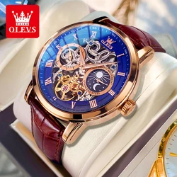 OLEVS 6670 Mechanical Watch Men 44mm Big Dial Original Leather Strap Waterproof Moon Phase Original Brand Man Wristwatches