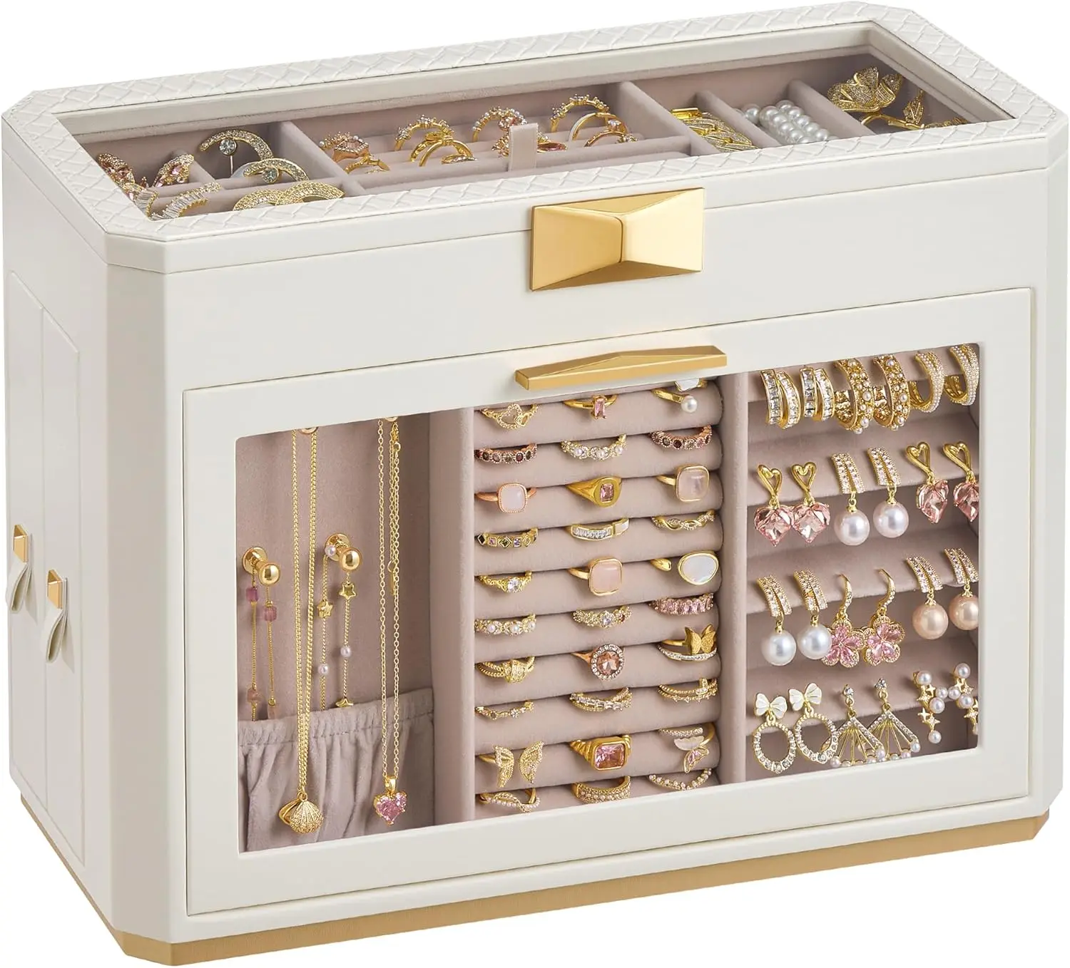 

Large Jewelry Organizer with Glass Windows, 4 Drawers, PU Leather, Velvet Lining, Gift Box in White
