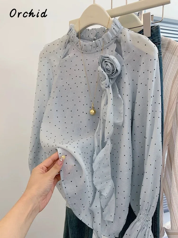 2025 Spring Elegant 3D Floral Round Neck Long Sleeve Shirt Women Causal Chic Soft Blouses Single Breasted Dots Print Tees Top