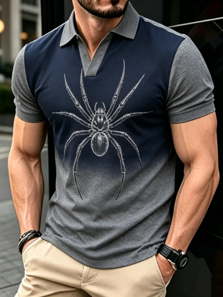 Men's Slim Fit Polo Shirt with Spider Print, Body-Hugging Lines Short Sleeve Casual Top