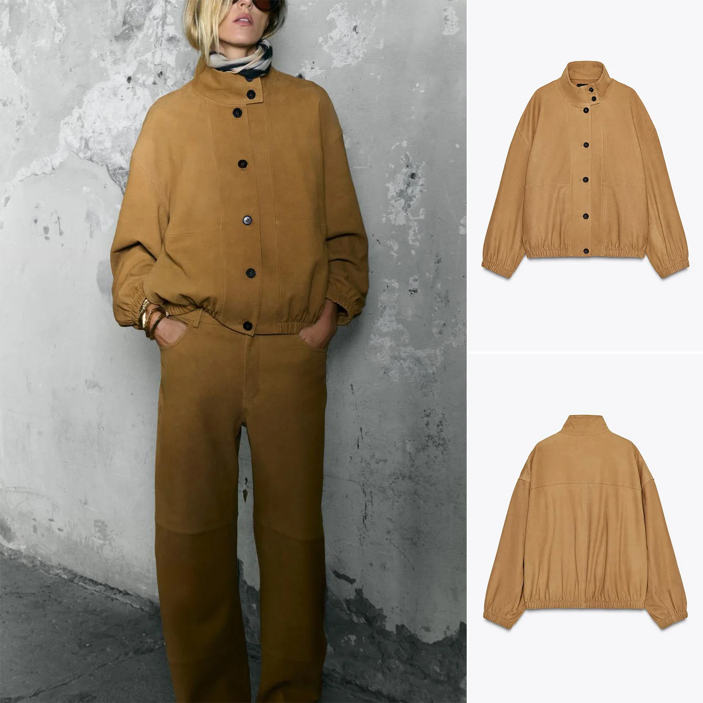 

Fall 2025 New Simple Style High Collar Long Sleeve PU Leather Pilot Jacket Coat Women's Fashion Commute Loose Fit Short Length