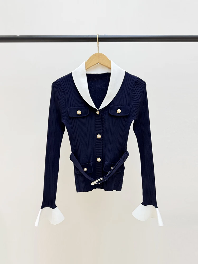 Self-portrait Autumn Fashion Dark Blue Knitting Cardigan Women's Turn-down Collar Single Breasted Belt Slim Long Sleeve Tops