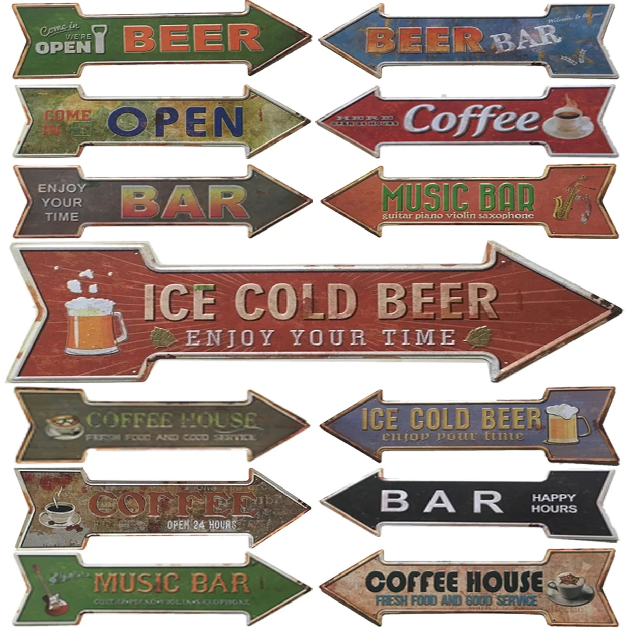 Retro Ice Cold Beer Bar Metal Tin Signs Vintage Street Signs Retro Arrow Directional Signage Funny Tin Sign for Wall Decoration