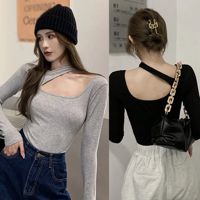 Y2K T-shirt Woman Autumn Sexy Skinny Tee Shirt Female Long Sleeve Halter Clothes Hollow Out Bottoming Shirt Slim Thin Tops