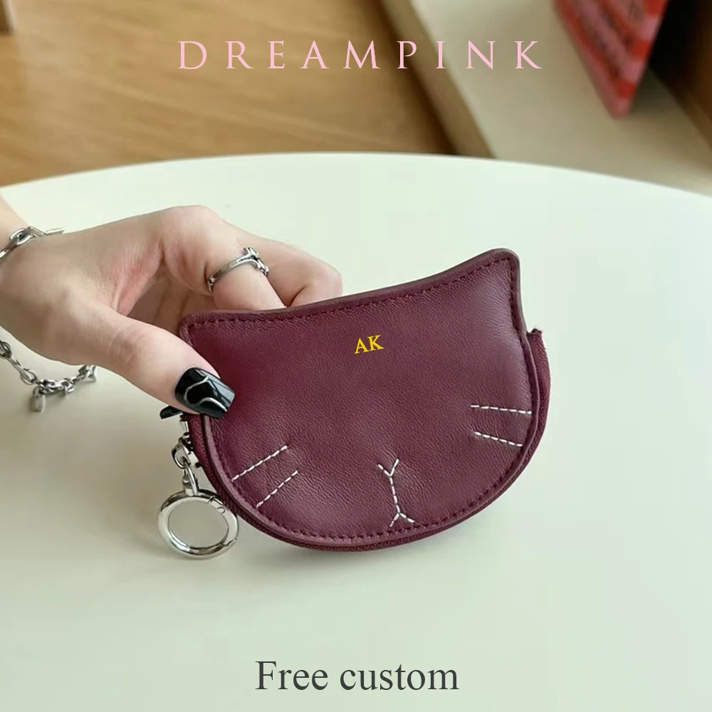 

Personalize Name Cat Coin Purse Custom Genuine Leather Fashion Lovely Women Keychain Wallet Cute Cartoon Girl Mini Pouch Bag