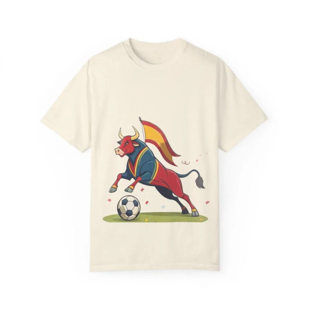 Cartoon Toro Soccer Red Yellow Flag Print Men T Shirt Cream Vintage Lightweight Daily Streetwear Sport Jersey