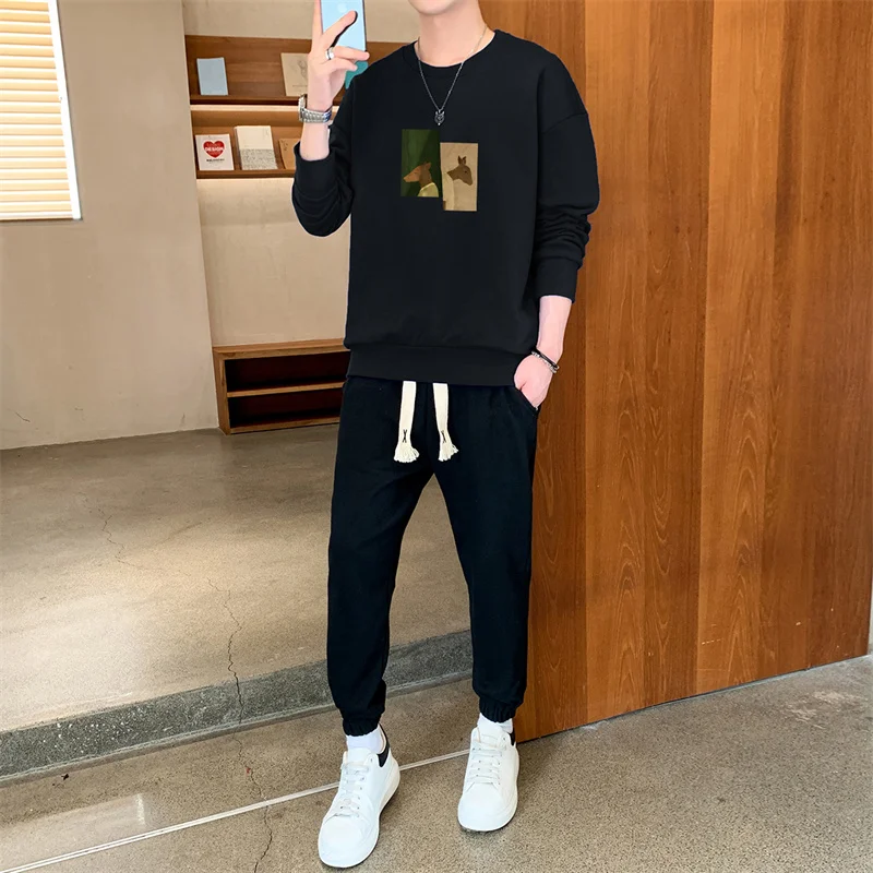 

Тонкий пуловер большого размера с круглым вырезом, рубашка, топ, брюки, толстовка, спортивные штаны, свитер, комплект весна-осень, 2 предмета, мужская одежда, костюм, куртка