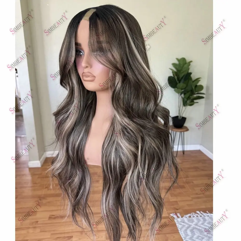 Hightlights Ash Blonde V bagian Wig rambut manusia untuk wanita disesuaikan mudah dipakai longgar gelombang tanpa lem 1*4 ukuran U bagian Wig rambut manusia