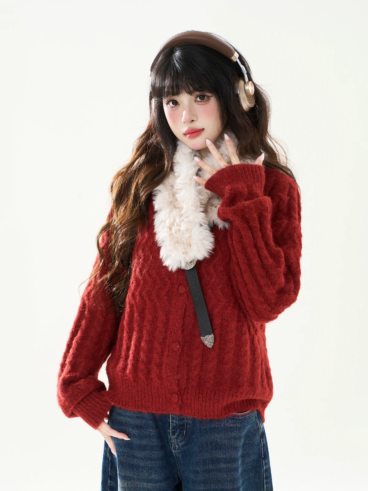 

Женский кардиган ENJOG с меховым воротником на пуговицах, осенне-зимний, красный, новогодний дизайн, повседневная верхняя одежда