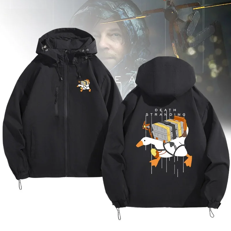 

Retro Cartoon Print Cos Goose Game Casual Loose Jaet Death Stranded Outerwear Men's Polyester Fiber Long Sve Zipper Closure