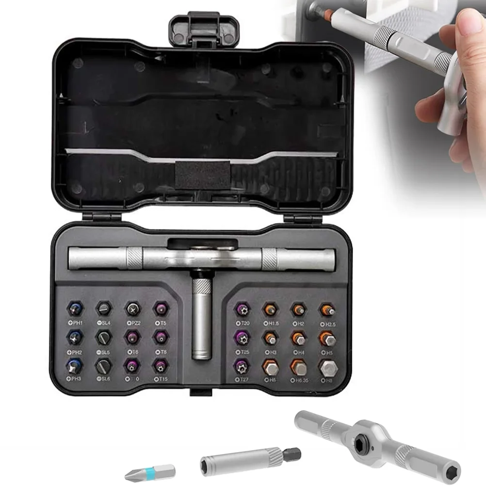 24-Piece S2 Steel Screwdriver Bit Set with Ratchet Handle, Multi-Purpose Repair Tool for Bicycle, PC & Furniture Maintenance