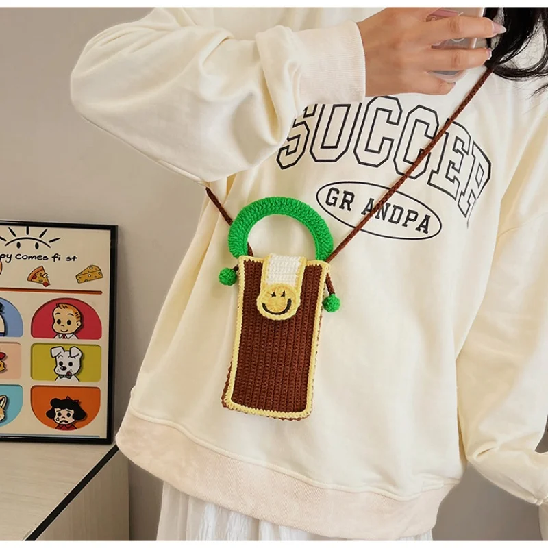 

Dopamine smiley face phone bag, handmade yarn woven bag, Korean sweet shoulder crossbody bag, parent-child bag