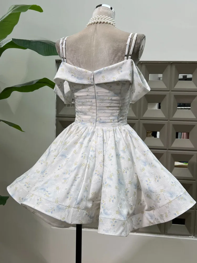 DFDG 2025 Resort Women’s Off Shoulder Floral Flounce Dress Elegant Smocked Waist Vacation Wear Spring Summer Fashion Dress