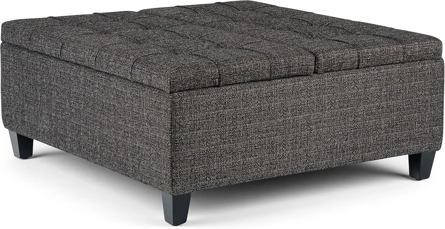 Harrison 36 inch Wide Transitional Square Coffee Table Storage Ottoman in Ebony Tweed Look Fabric, Assembled