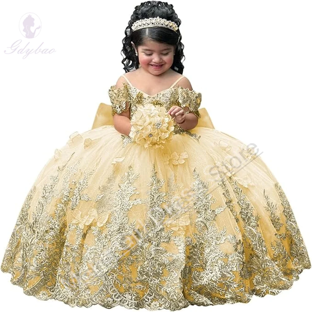 

Изысканное золотое кружевное платье с бантом для девочек, пышное, для принцесс, на тонких бретельках, для вечеринок, свадеб, фотосессий и мероприятий
