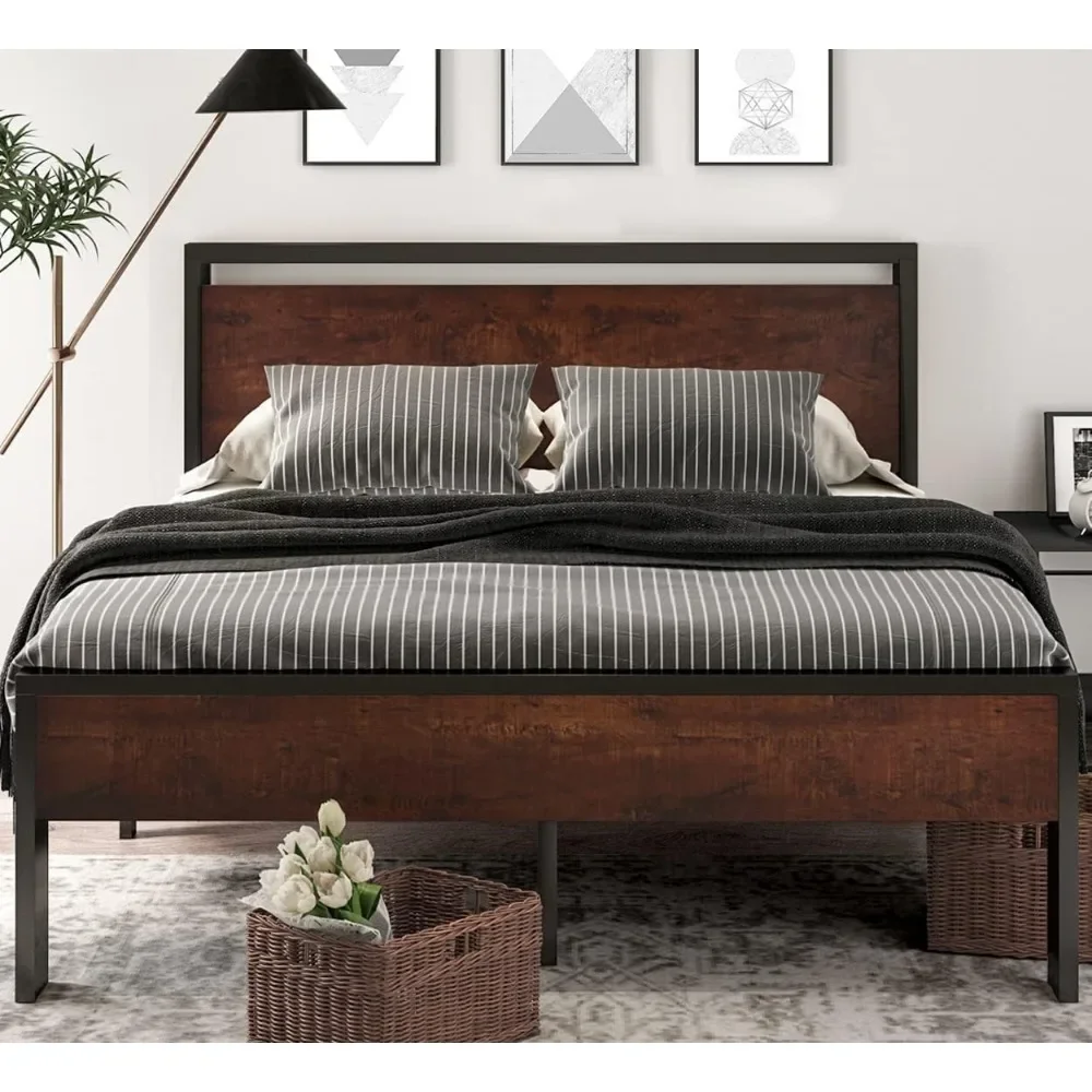 Metal Platform Bed Frame with Wooden Headboard and Footboard, Mattress Foundation, No Box Spring Needed, Non-Slip